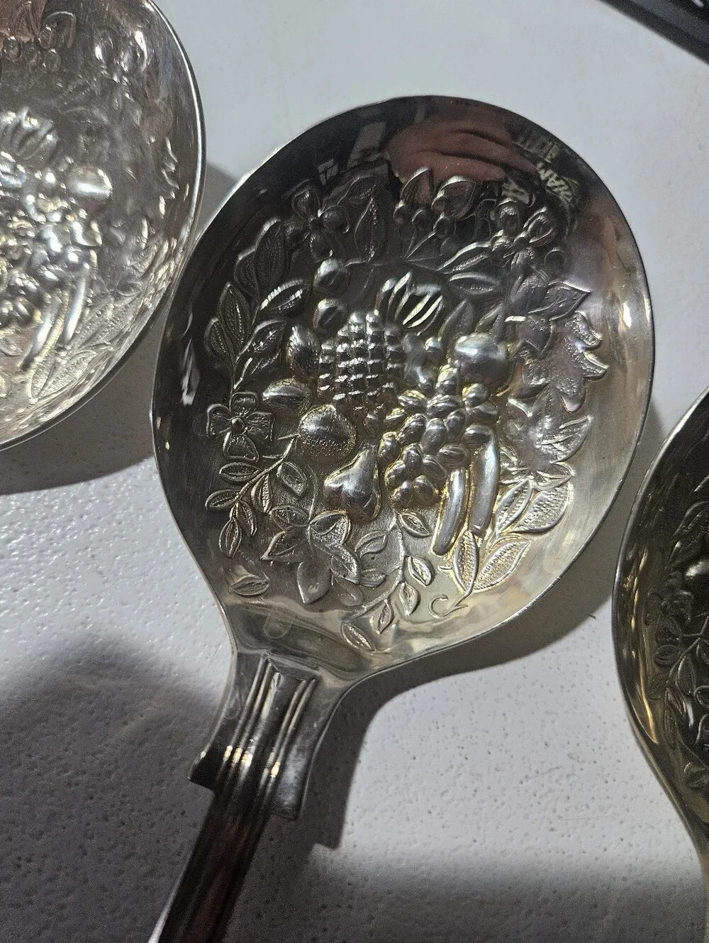 Vintage Sheffield England Set Of Three Fruit Themed Embossed Serving Spoons!